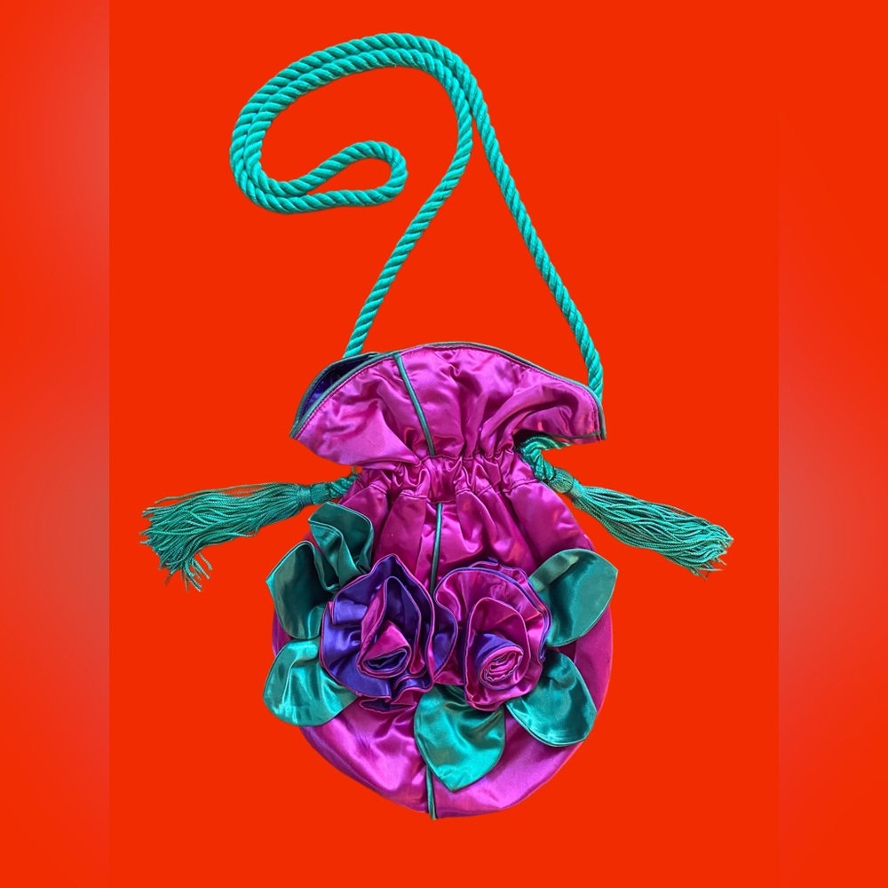 Vintage 80s/90s Deanna Hamro pink purple greem satin pouch crossbody bag evening